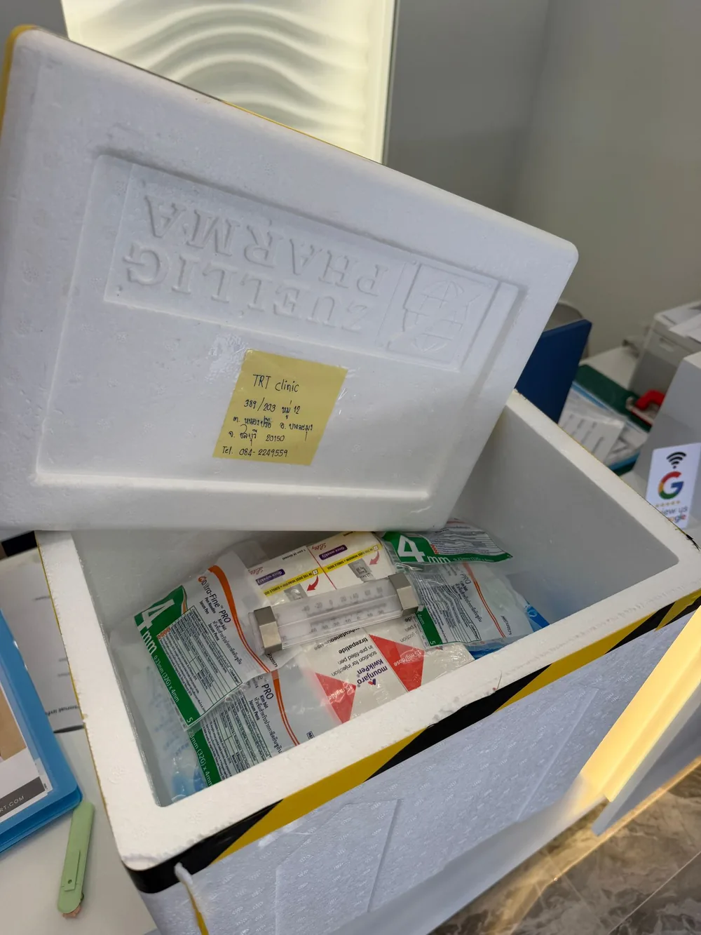 Zuellig Pharma cold-chain shipping box, labelled to the TRT Bangkok Clinic in Pattaya, delivered with authentic Mounjaro (tirzepatide) pens — Zuellig is Eli Lilly’s appointed distributor in Thailand